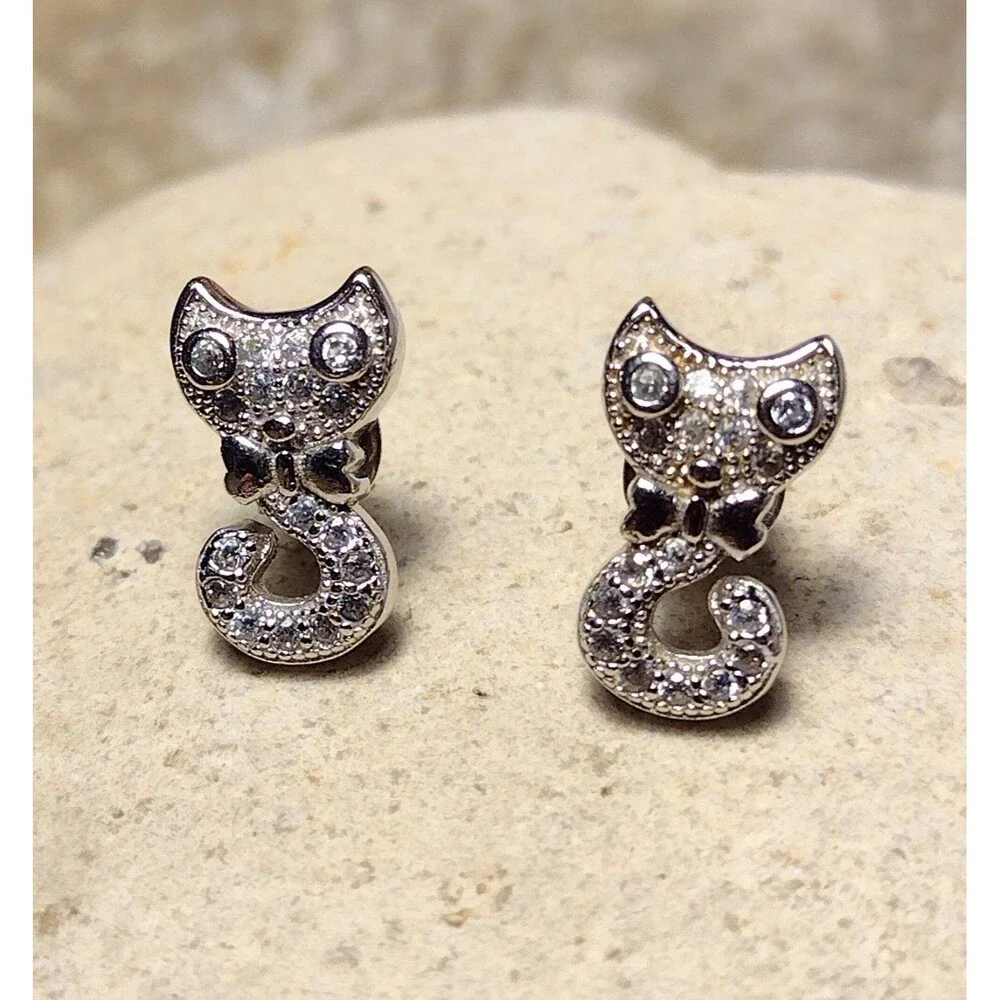 .925 Sterling Silver CZ Pave Posts CAT with Bow Tie Stud Earrings